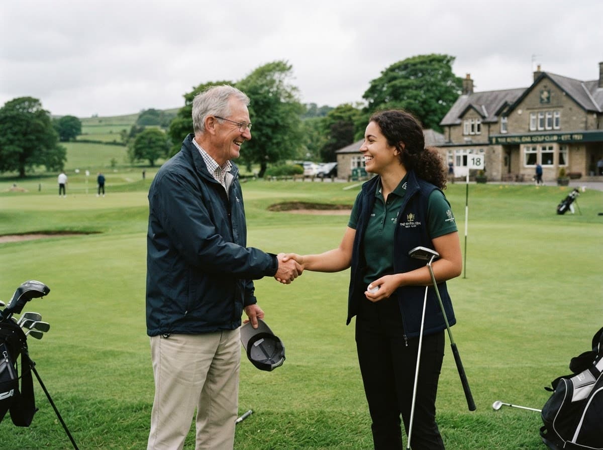 Two golfers talking on the course