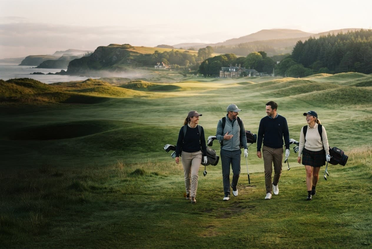 Golfers walking together across a coastal golf course