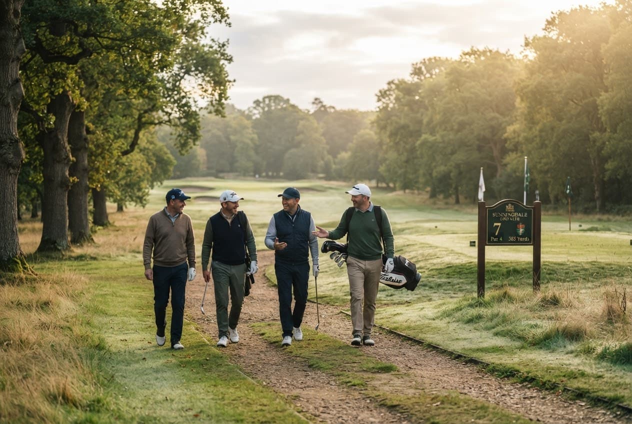 Golfers walking a tree-lined fairway